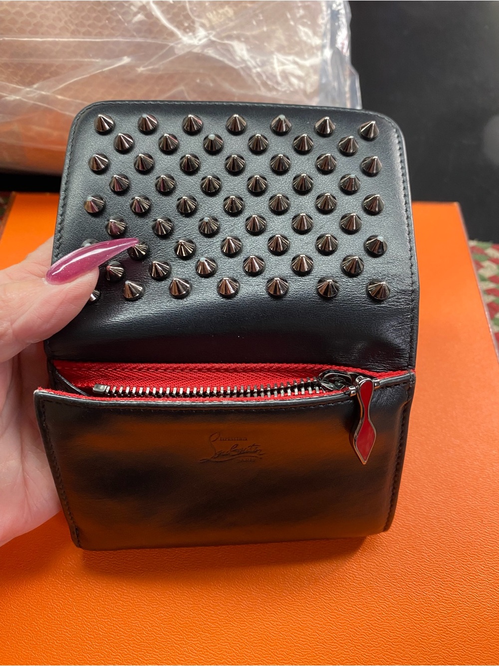 Christian Louboutin Black Leather Studded Compact Wallet with Red Zip Accent